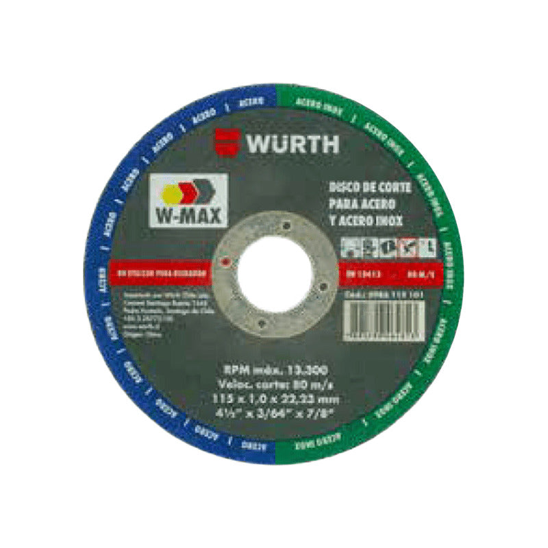 Disco Corte Acero Inox. 4 1/2 X 1mm Wurth. (25 Unidad)