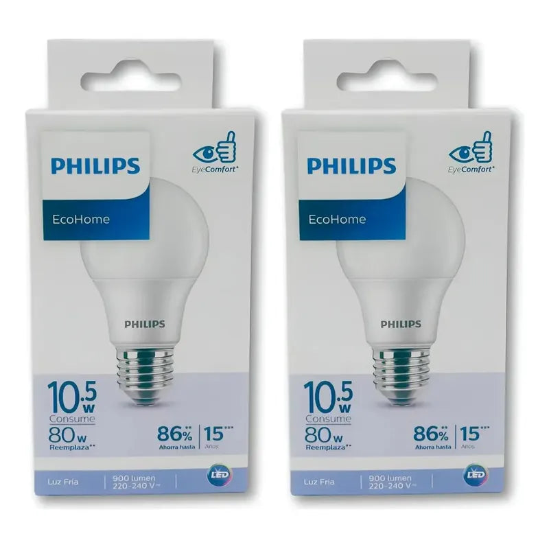 Pack 2 Ampolleta Philips Ecohome E27 10,5w Luz Fría Blanco Frío