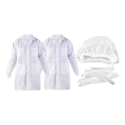 Pack 2 Cotona Poplin Blanca Delantal  + 5 Cofias Desechables