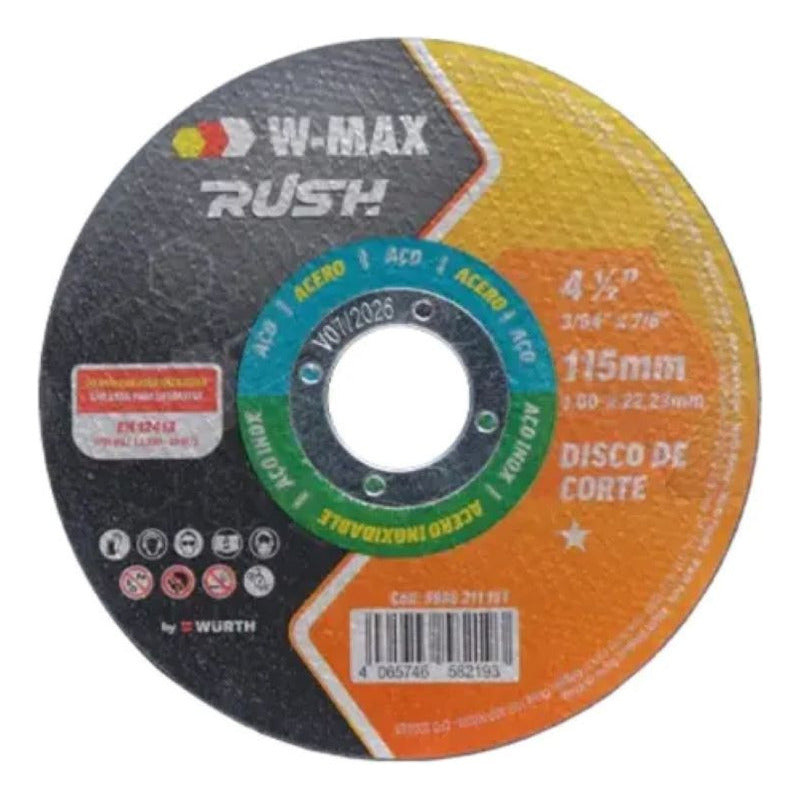 Disco Corte Acero Inox. 4 1/2 X 1mm Wurth Pack 50 Unidades