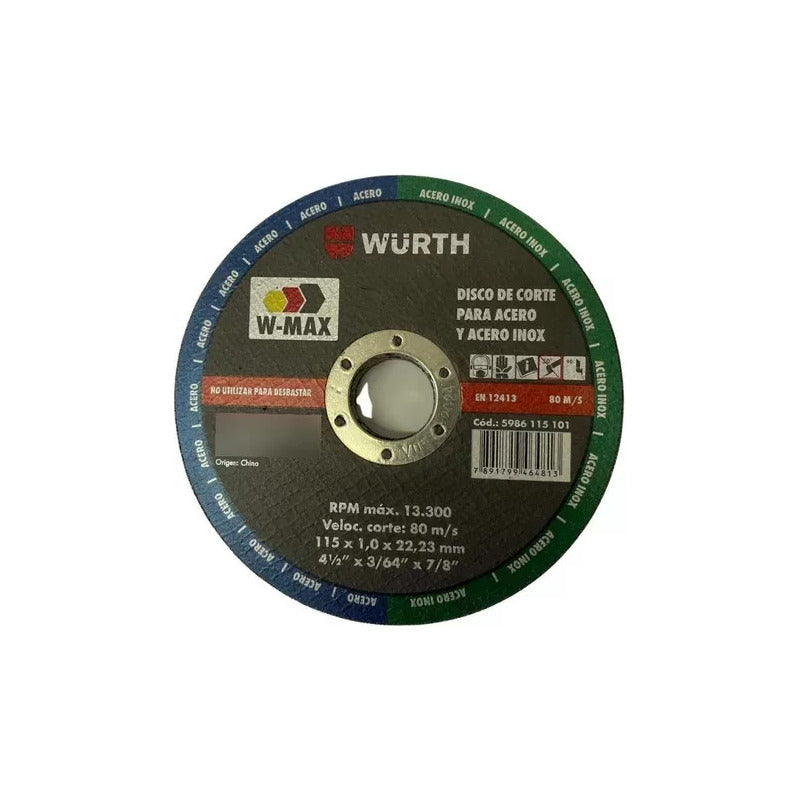 Disco Corte Inox/metal Wurth 4 1/2x1mm Pack De 25 Unidades