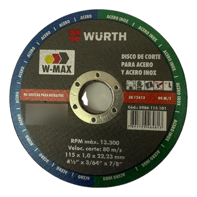 Disco Corte Acero Inox. 4 1/2 X 1mm Wurth. (25 Unidades)