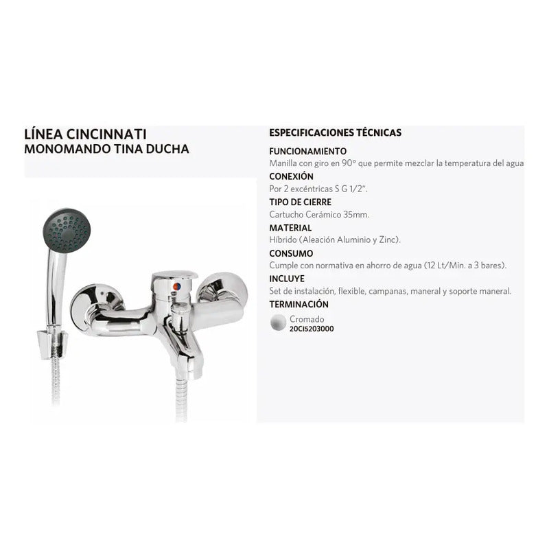 Monomando Llave Grifo Para Tina Ducha Modelo Cincinnati Marca Pmb Cromado Cromo