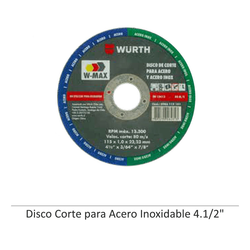 Disco Corte Acero Inox. 4 1/2 X 1mm Wurth. (400 Unidades)