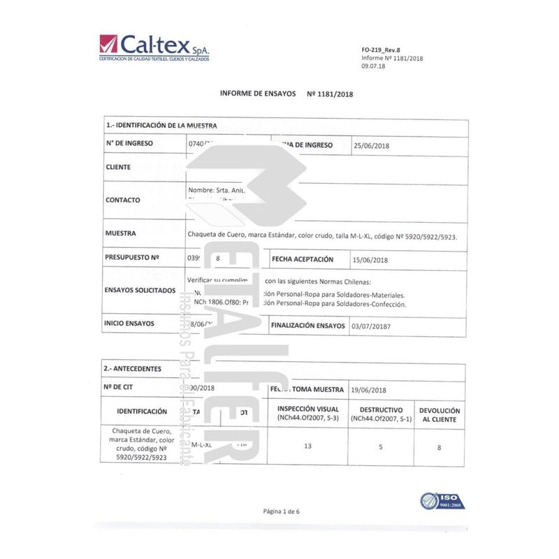 Chaqueta Soldador Cuero Hilo Kevlar Con Velcro Y Broche