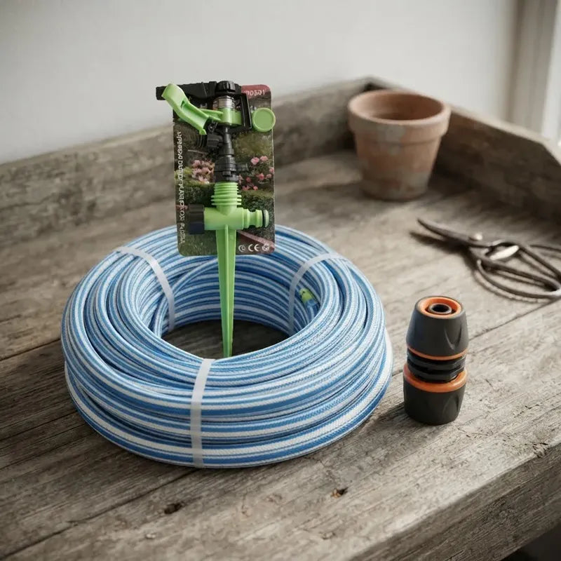 Pack Manguera 1/2 Bicolor 15 Mts Con Aspersor Y Reparador Azul Acero