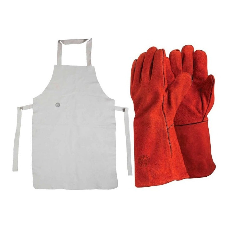 Pack Coleto Cuero + Guante De Soldador Rojo
